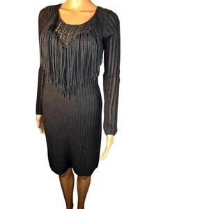 Moda women’s size small fringe neckline open knit sleeve sweater rib dress
￼